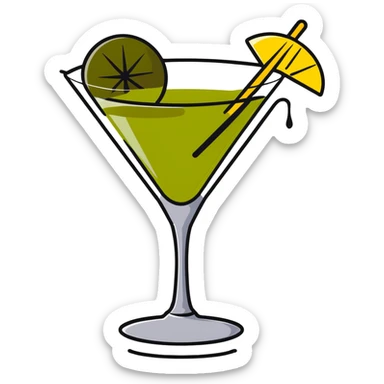 martini glass with clear liquid and an olive at the bottom skewered by a toothpick sticker