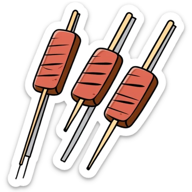 Skewers of grilled marinated beef for Vietnamese Bún Thịt Nướng, showing the meat being grilled on wooden skewers sticker