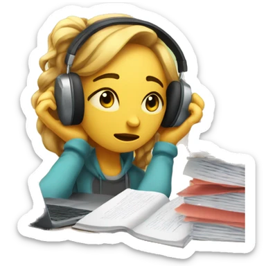 Tired exhausted student with over ear headphones and a laptop infront of her and a bunch of papers shes on the verge of crying  sticker
