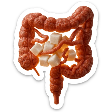 Make the sugars much more evident and recognizable in hyperrealism style, keep the inflamed intestinal microbiota, 4K resolution, transparent background. sticker
