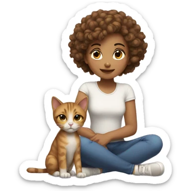 Girl with curly and short hair sit with cat sticker