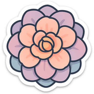 volumetric peach flower with multiple layers of petals, strictly front view, icon-color-outlined style, detailed shadows and highlights, smooth color transitions, thin clean contours, soft rounded shapes, pastel palette #98B5BC, #B5B3C1, #C9A3C9, #E4C0CA, #F7DCD1, #F7C0AA, modern Japanese pop art and sticker aesthetics, soft lighting, transparent background sticker