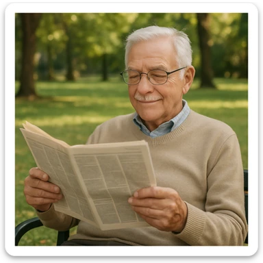 elderly man with gray hair, reading a newspaper, relaxed, wearing glasses, in a park sticker