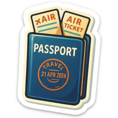 retro sticker-style illustration of a passport with two airline tickets sticking out at an angle, travel stamp visible on the passport cover, bold outlines, juicy colors, expressive shadows and highlights, playful and glossy look sticker