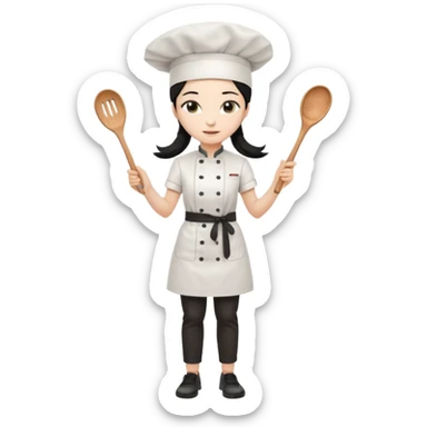 
A beautiful girl wears a white chef's uniform. Her long, straight black hair is styled in a ponytail. She wears a white chef's hat and holds a wooden cooking spoon. She is standing and wearing black shoes. The illustration style is 2D realistic.. sticker