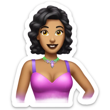 Tanned woman with black hair dressed in 1990s pop princess hair, makeup, and neon attire  sticker