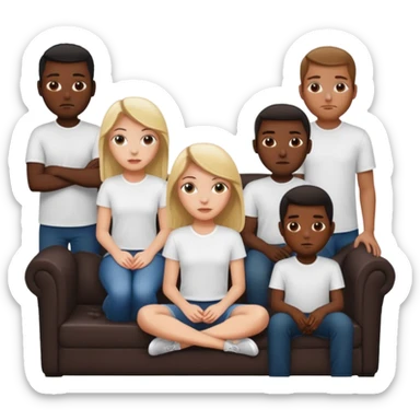 A white girl sitting alone on a couch with 5 black men in white shirts behind the couch sticker
