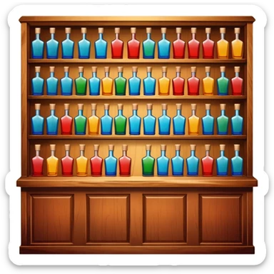 A wooden bar counter with rows of colorful liquor bottles lined up behind.
 sticker