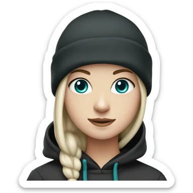 White girl, black hoodie, teal hair, purple beanie hat, blue eyes sticker