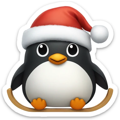Fluffy penguin on a sled wearing a Santa hat sticker
