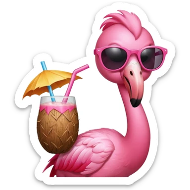 flamingo with sunglasses and a coconut drink sticker