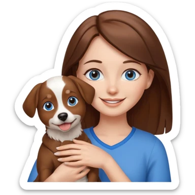 Blue eyes brown haired woman holding a brown and white dog sticker