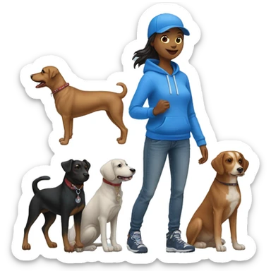 Dog walker in blue hoodie, jeans, blue baseball cap with eight dogs at heel on her left side sticker