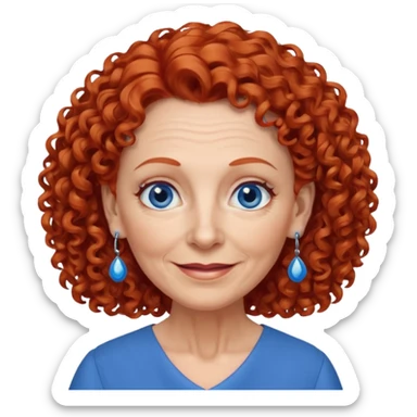 una profesora mayor simpática con el pelo rojo rizado, ojos azules, vestido azul y pendientes azules hablando sticker