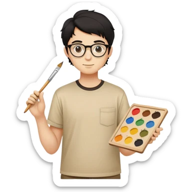 Reliable young painter with round glasses, wavy black hair, beige art shirt, with square paintbrush sticker