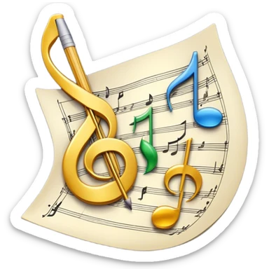 Create a bright and artistic emoji that represents music composition. The design should feature musical notes, a pencil or quill, and a sheet of music, symbolizing the creative process of composing a song. Add a touch of elegance with flowing lines to represent melody and rhythm. Use gold or silver tones for sophistication, and incorporate a mix of vibrant colors to convey creativity. The background should be transparent. sticker
