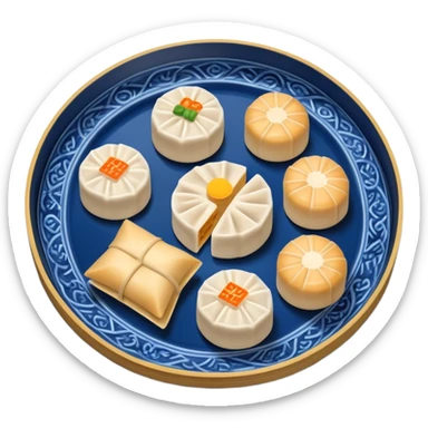 Warms Dim Sum pieces on a dark blue porcelain tray sticker