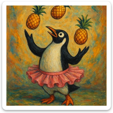 absurd surreal style penguin wearing a tutu juggling pineapples sticker