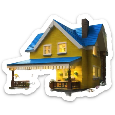  very very big Lego Cabin near a big tree.  Thick moss growing on the roofs. grass fields. porch lights turned off. bright white interior lights turned off. guests sitting in chairs on the porch, flowers and bushes are yellow and blue. sticker