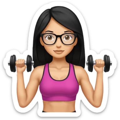 Mujer fitness usando mancuernas con lentes y cabello largo negro sticker