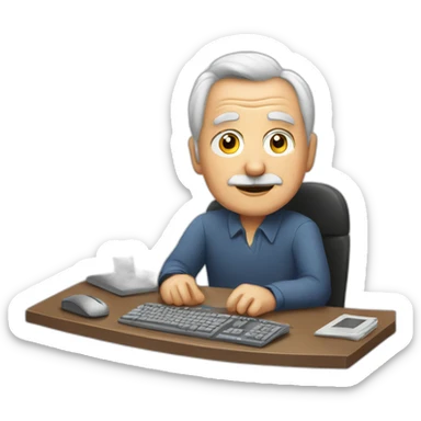 old man sitting at desk with 3 monitors sticker