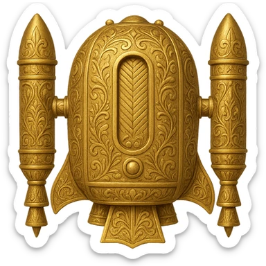 Create a gold ancient wide jetpack with rocket projectiles on both sides, back view, no fire, with engraved patterns in the style of apple emojis. Make it a variant with more ornate engravings and a rounder jetpack body. No background. sticker