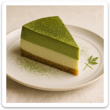 a matcha cheesecake slice with visible layers, matcha powder sprinkled on top, elegant presentation sticker