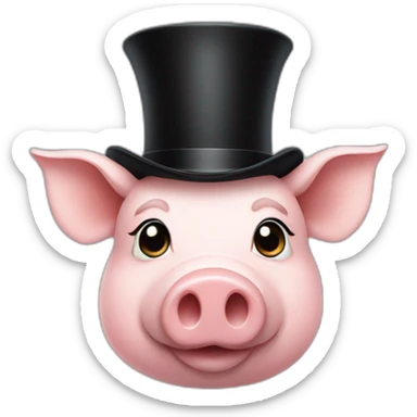 A pig with curls on the side of their Head Wearing a black cylinder hat sticker