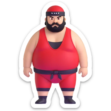 Close-up of morbidly obese white skin guy with young face, prominent BLACK DURAG tied clearly on head, distinct black beard and mustache, no muscle, black eyes in a red and black wrestling singlet with angry face sticker