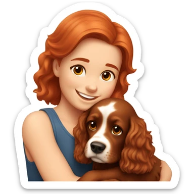 A very cute girl with red hair cuddling a happy brown-bright happy Cocker Spaniel. sticker