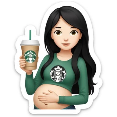 A young girl with long black hair, reaching up to her belly, holds a cup of Starbucks coffee.
 sticker