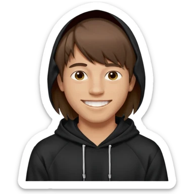 20 yr old man, brown hair, straight, big smile, white teeth, tanned skin, bangs, black hooded sweatshirt, long hair in back, center-parted bangs sticker