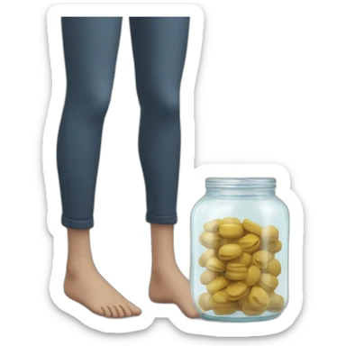 human ankles standing on the floor with an empty transparent jar between them,outside,to the left and to the right,front view sticker