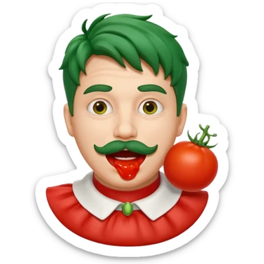 funny theater actor character who ate tomatoes, tomato sauce around mouth, dramatic expression, stage costume collar, 3D cartoon, mobile game icon style, clean background, no text, no watermark
 sticker