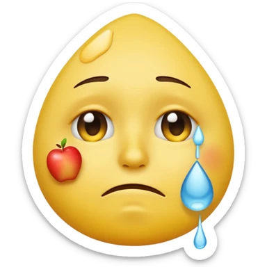 yellow emoji face with sad expression and one teardrop under the eye, white tissue or handkerchief wiping the tear gently, apple emoji style, simple white background sticker