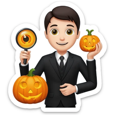 A pumpkin smiling at a magnifying glass (the magnifying glass has a suit thats black, the magnifying glass also has one eye in the middle turn the magnifying glass into a living person give the magnifying glass Normal looking eyes and give it actual arms and legs  sticker