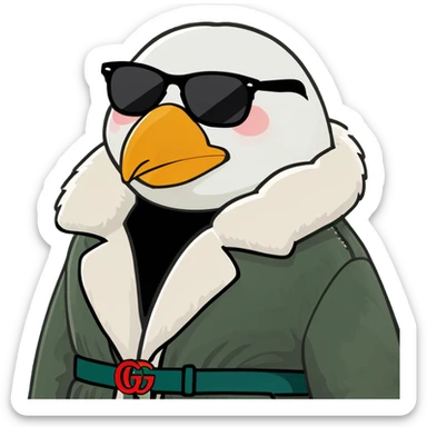 Penguin wearing sunglasses and puffy fur jacket and Gucci belt sticker