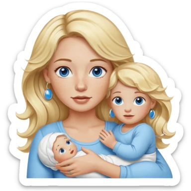 Wavy blonde, white woman with blue eyes, freckles hoop earrings, holding babies sticker