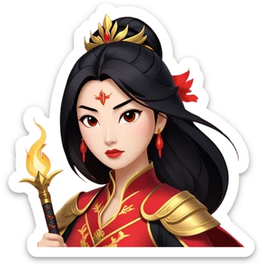 Cinematic Stunning Mulan Portrait Emoji, Fierce yet graceful, flowing raven-black hair, piercing brown eyes filled with determination, adorned in regal red and gold warrior attire, glowing with the strength and beauty of a true heroine, an elegant warrior in her prime! sticker