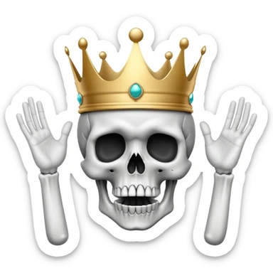 A shocked skull with a crown on top, both hands raised pressing on its head in disbelief, black and white sticker