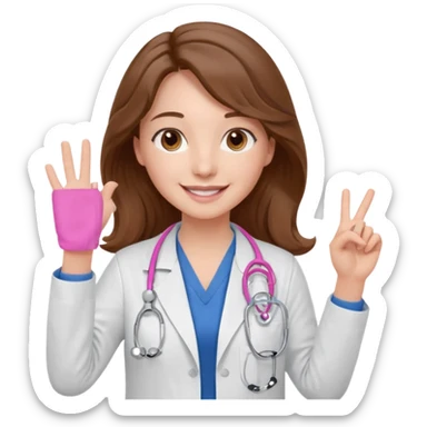 Barbie like emoji of a white woman with brown eyes and long wavy brown hair wearing blue scrubs, white lab coat, pink stethoscope, and raising one hand and a warm smile sticker