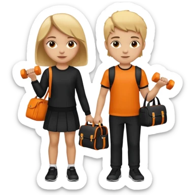 light skin students girl and boy with school bag full of books on hand and dumbell in other hand. Clothes are in black and orange colours. They are going to the gym. They have brown and blonde hair. Dumbell is visible in hand sticker