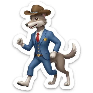 Big muscler grey wolf hound with cowboy hat and suit. With big bold letters spelling “RUNNER” sticker