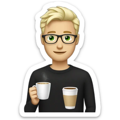 Blonde man green eyes in black jumper with clear glasses holding a white coffee cup sticker