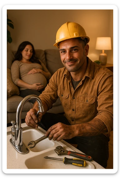Construction worker coming home, immediately fixing leaky faucet without being asked, hands dirty but smile calm as his pregnant wife rests on couch sticker