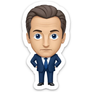 figure of Nicolas Sarkozy with an oversized head and small body, standing, wearing a navy suit and blue tie, highly recognizable face, simplified details sticker