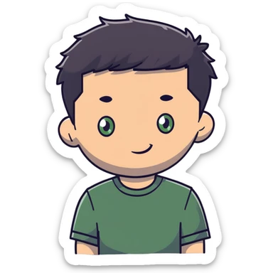 white man with dark messy short hair, dark green eyes, wearing a gray t-shirt sticker