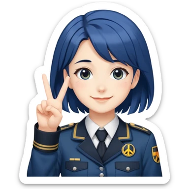 A cute anime-style girl with dark blue hair in a dark German uniform with a swastika with a smile happily shows the gesture of "peace" sticker