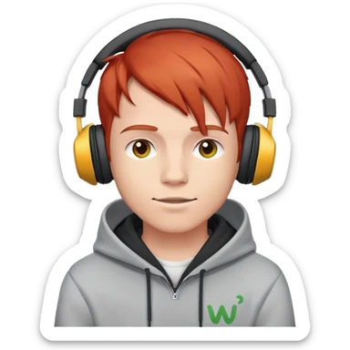 young male with red hair, wearing headphones and a hoodie with 'woojuo' letter print, emoji style, cartoon cute sticker