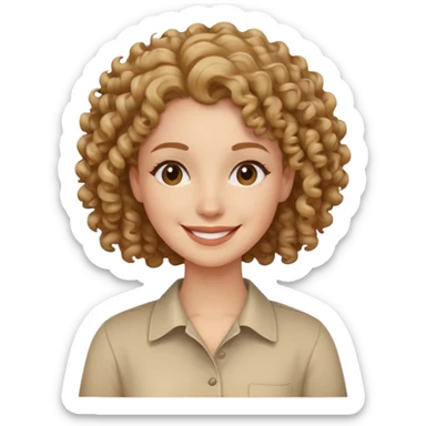 Woman smiling, curly hair and wearing beige shirt sticker